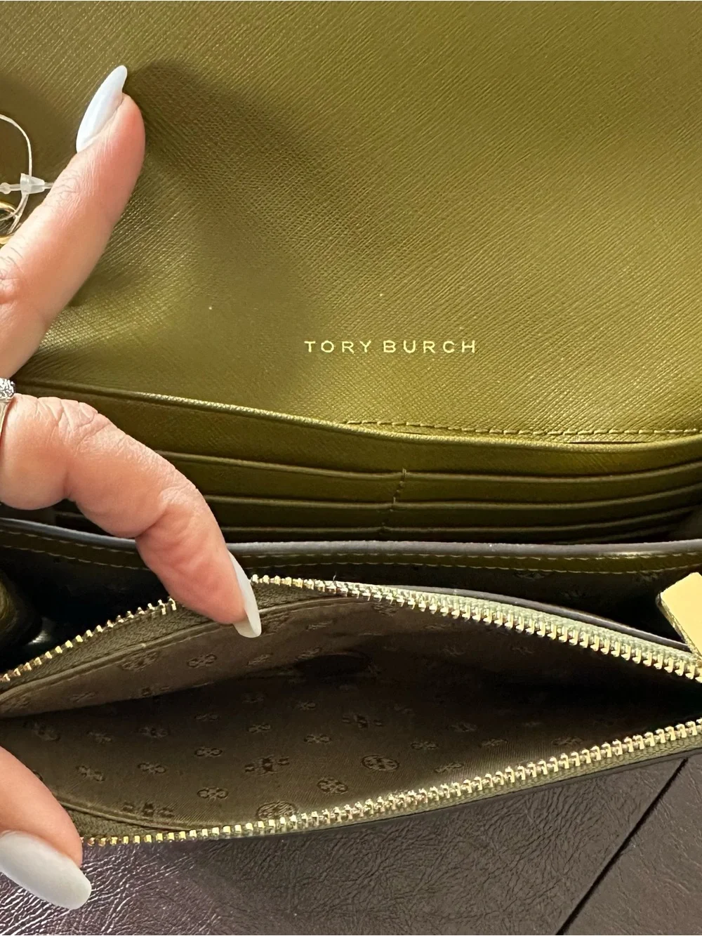 Tory Burch Olive Green Leather Compact Wallet with Gold Logo